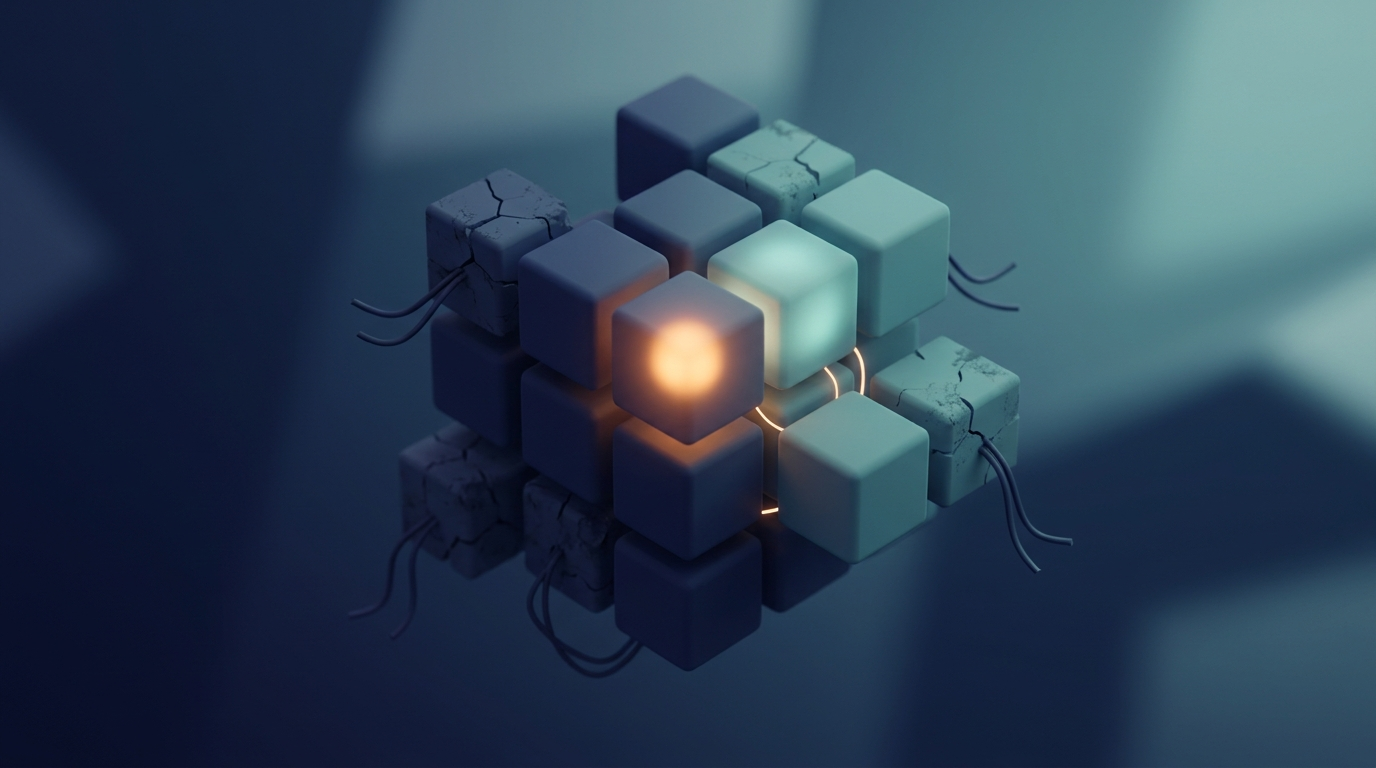 Abstract 3D illustration of an aging system with cracked and dead modules as signs of an outdated business system