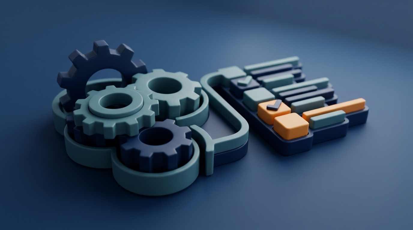 Abstract 3D illustration of gears and checklist reflecting automation