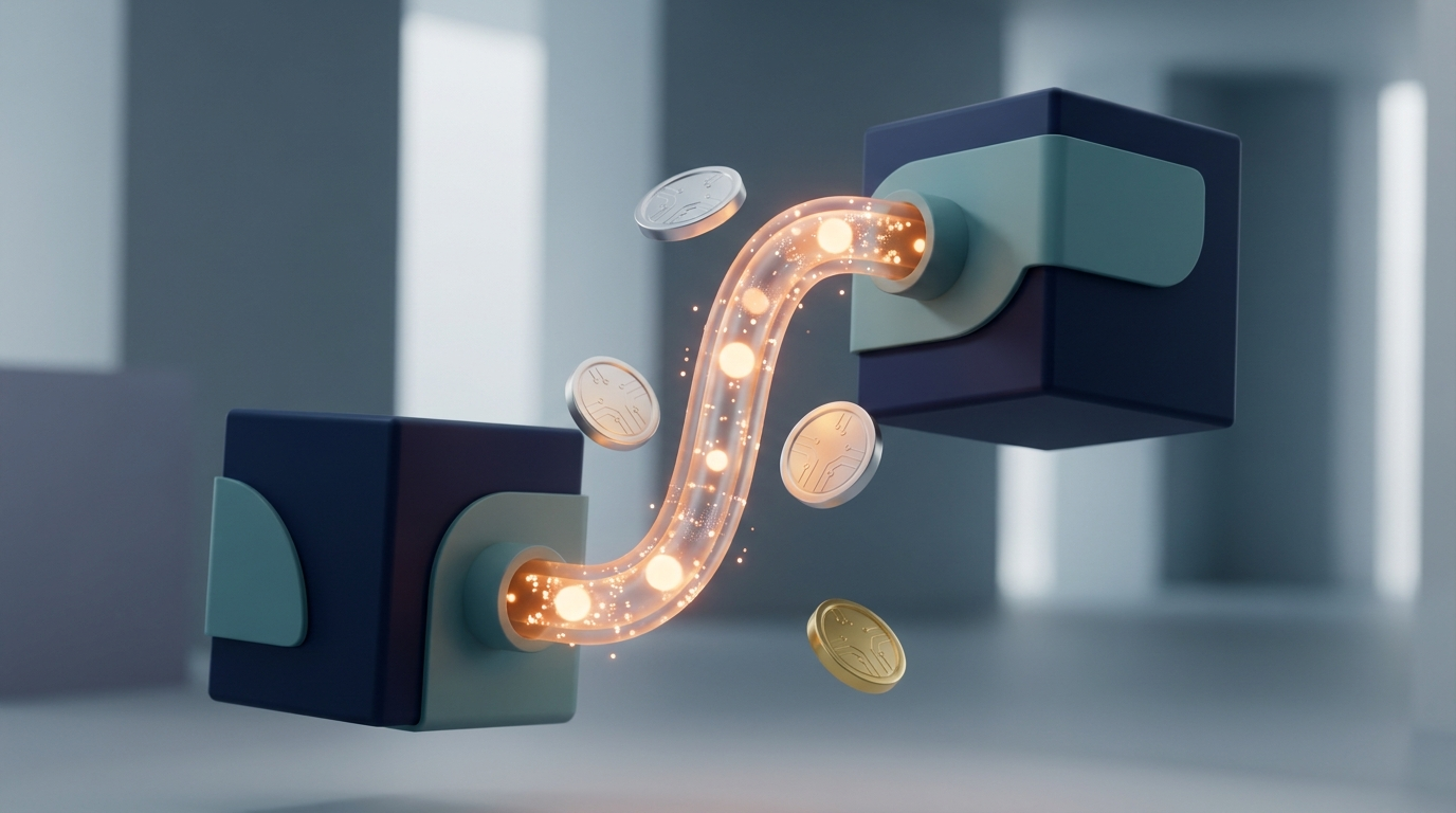 Abstract illustration of two systems connected via a data flow with floating coins