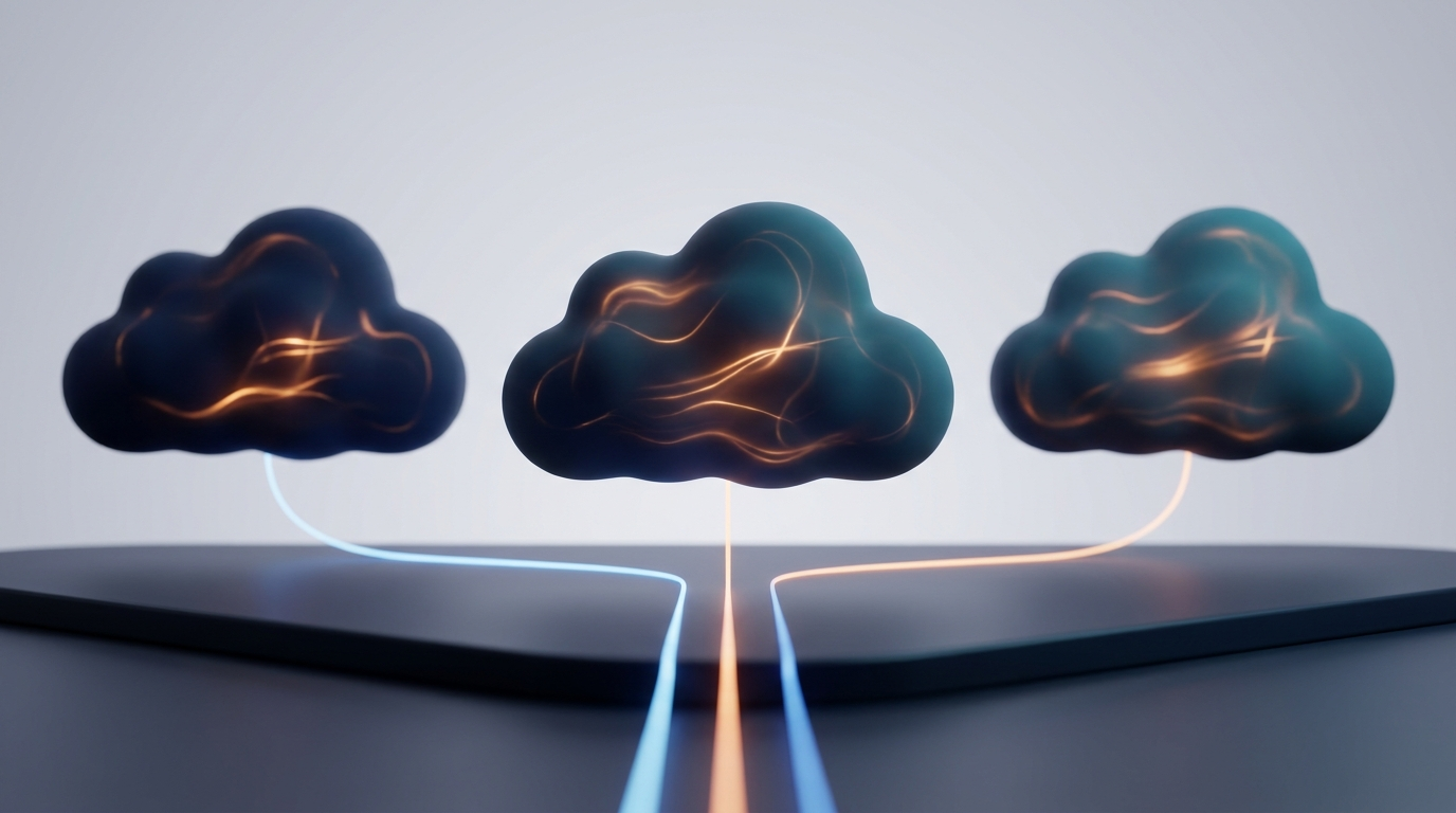 Three abstract clouds over a decision platform, cloud platform choice symbol