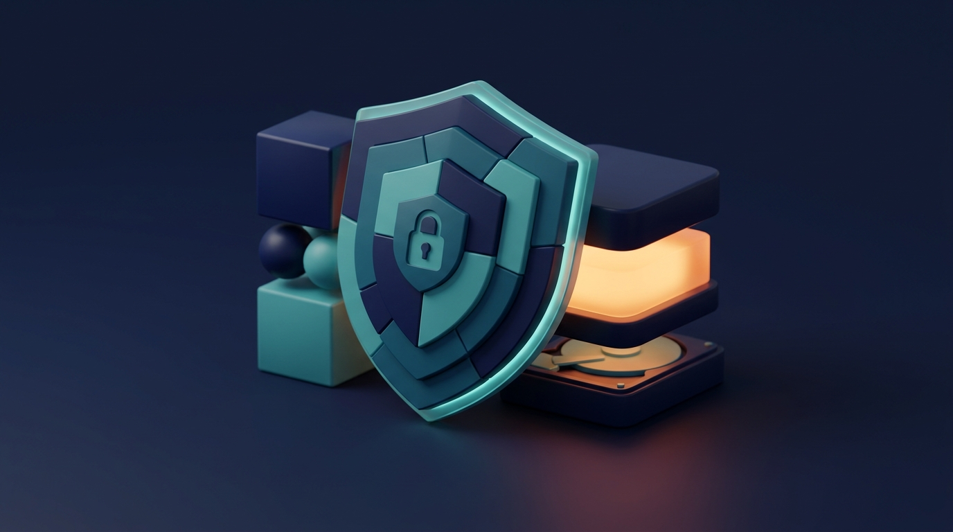 Abstract 3D illustration of secure data backup where a shield protects three data copies.