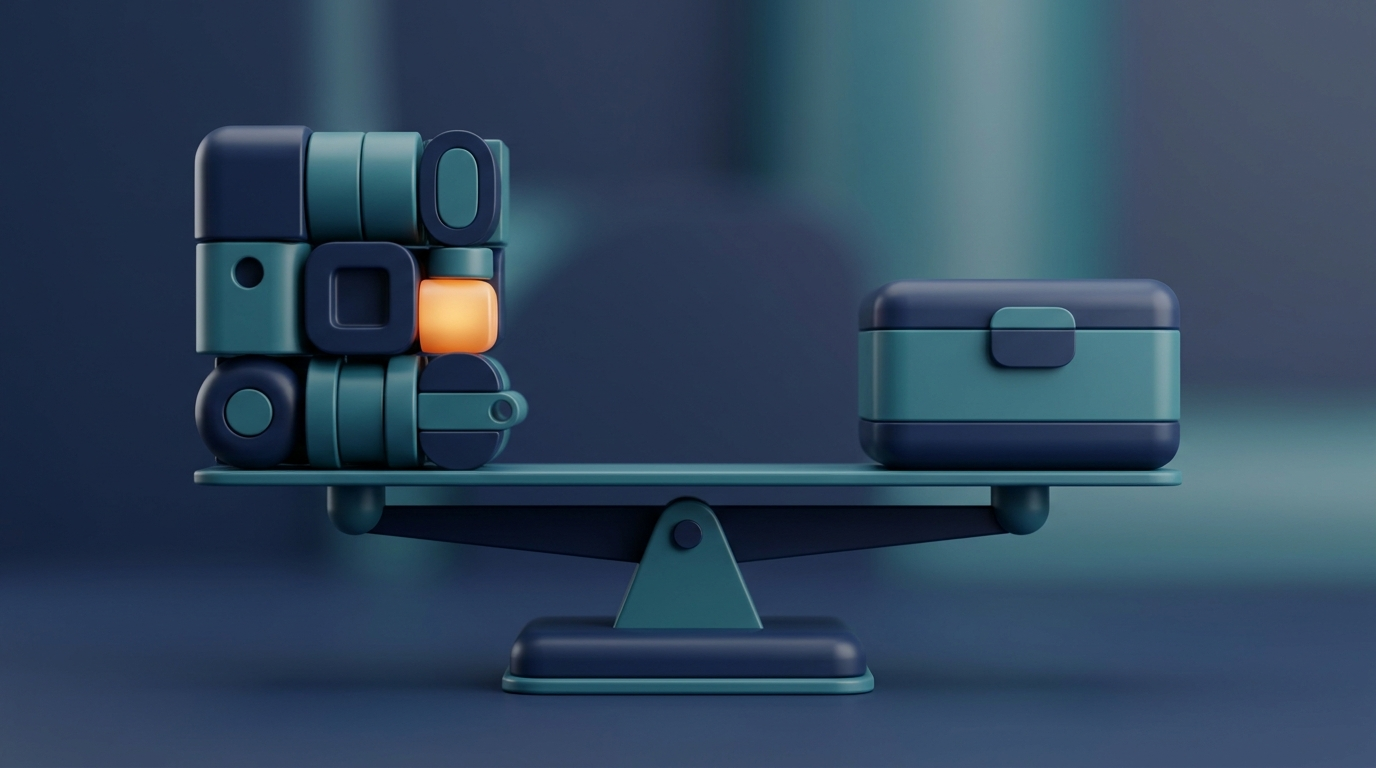 Abstract 3D illustration of a scale weighing a self-built modular structure against a ready-made standard unit, for the choice between in-house and purchased record system