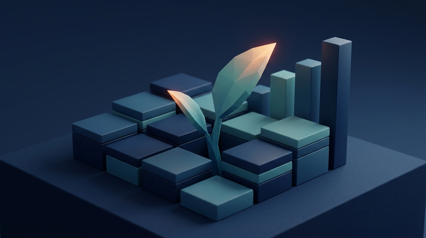 Abstract 3D illustration of a green shoot growing out of stacked data layers, symbolizing CSRD and sustainability reporting
