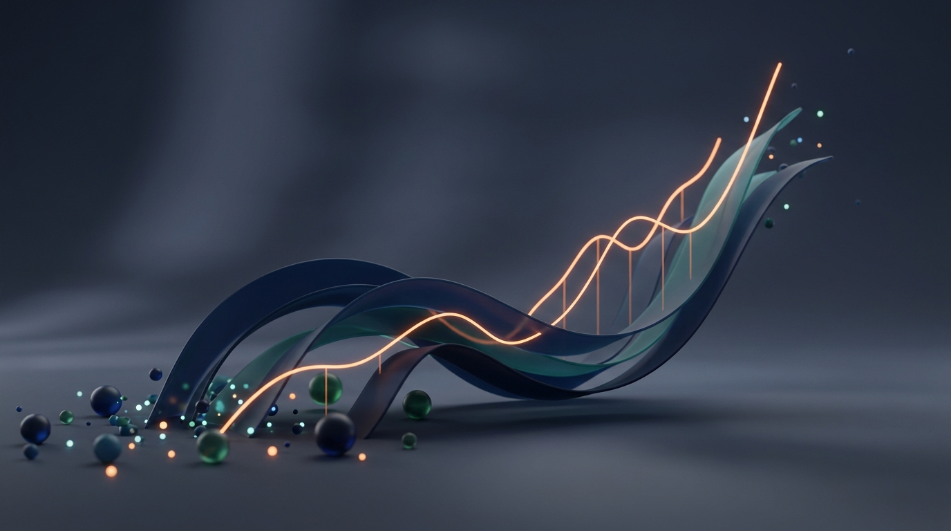 Abstract 3D illustration of flowing curves forming from scattered data points into a rising trend, symbolizing data-driven budgeting
