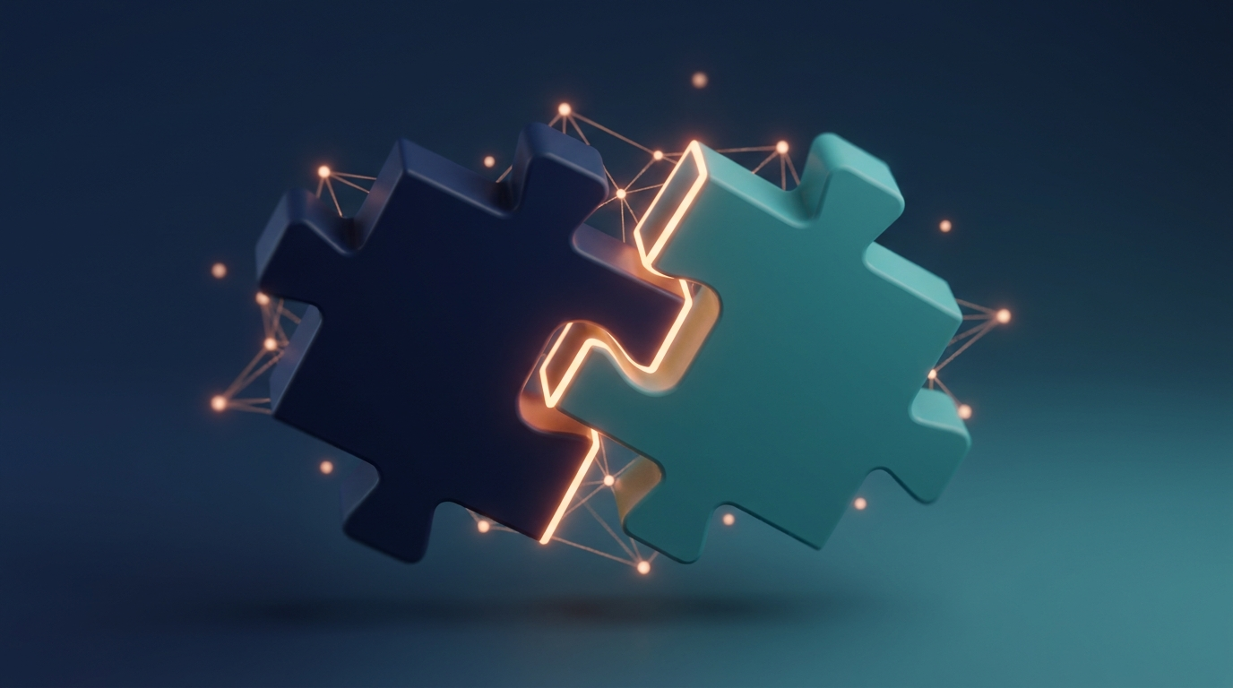 Abstract illustration of two puzzle pieces clicking together as a perfect match