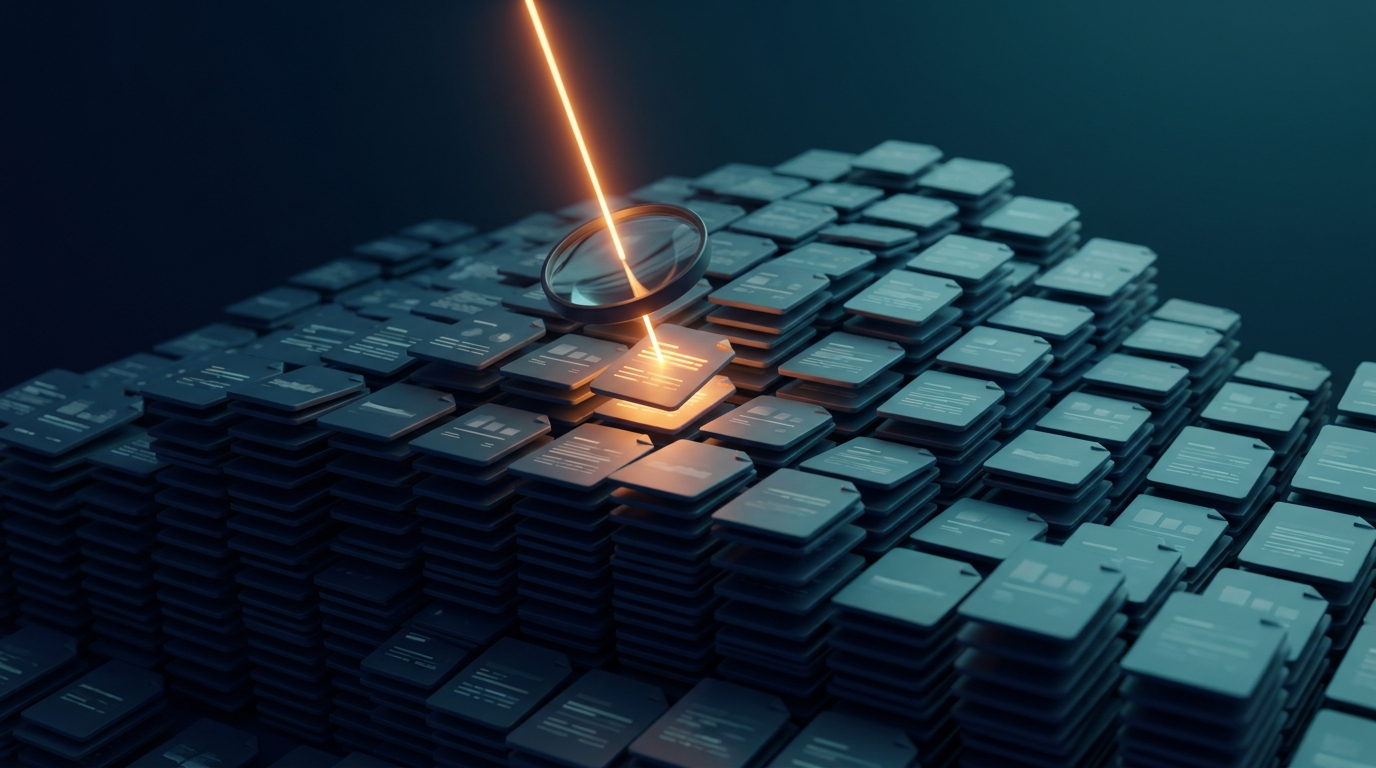 Abstract set of documents with light beam on a file, AI document management symbol