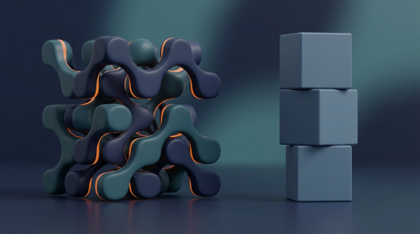 Abstract 3D illustration of a customized modular network against three identical standard cubes, symbolizing own business system versus standard system