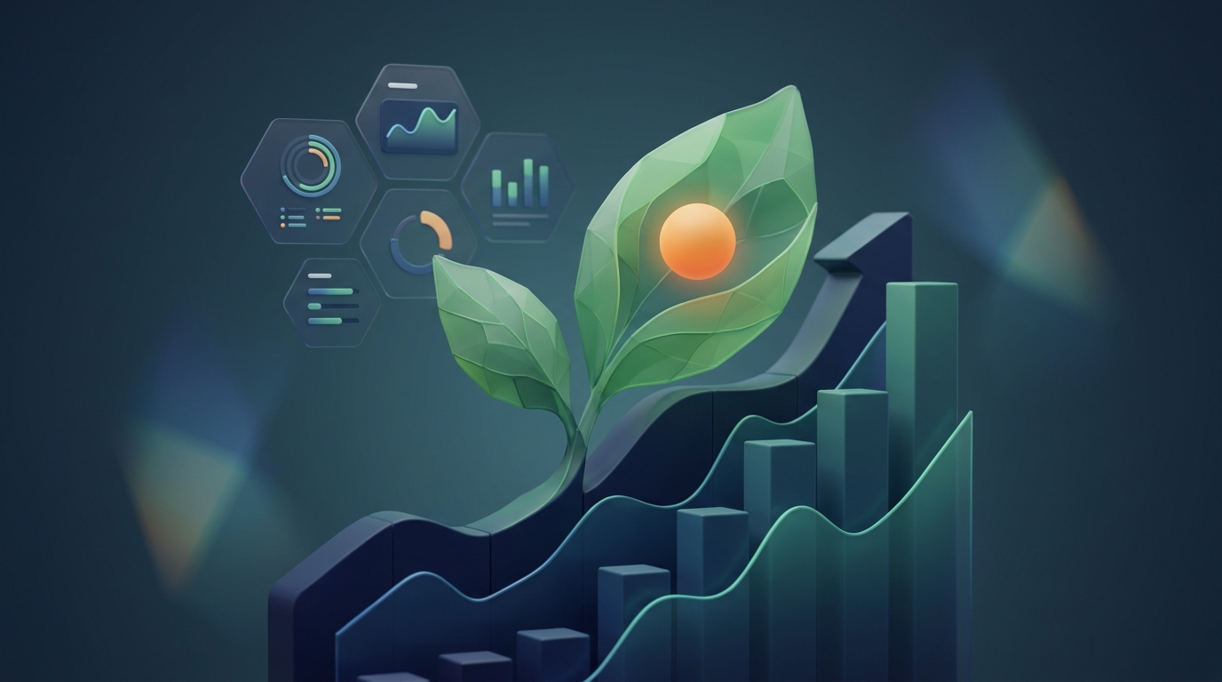 Abstract 3D illustration of leaf and graph reflecting ESG and sustainability data