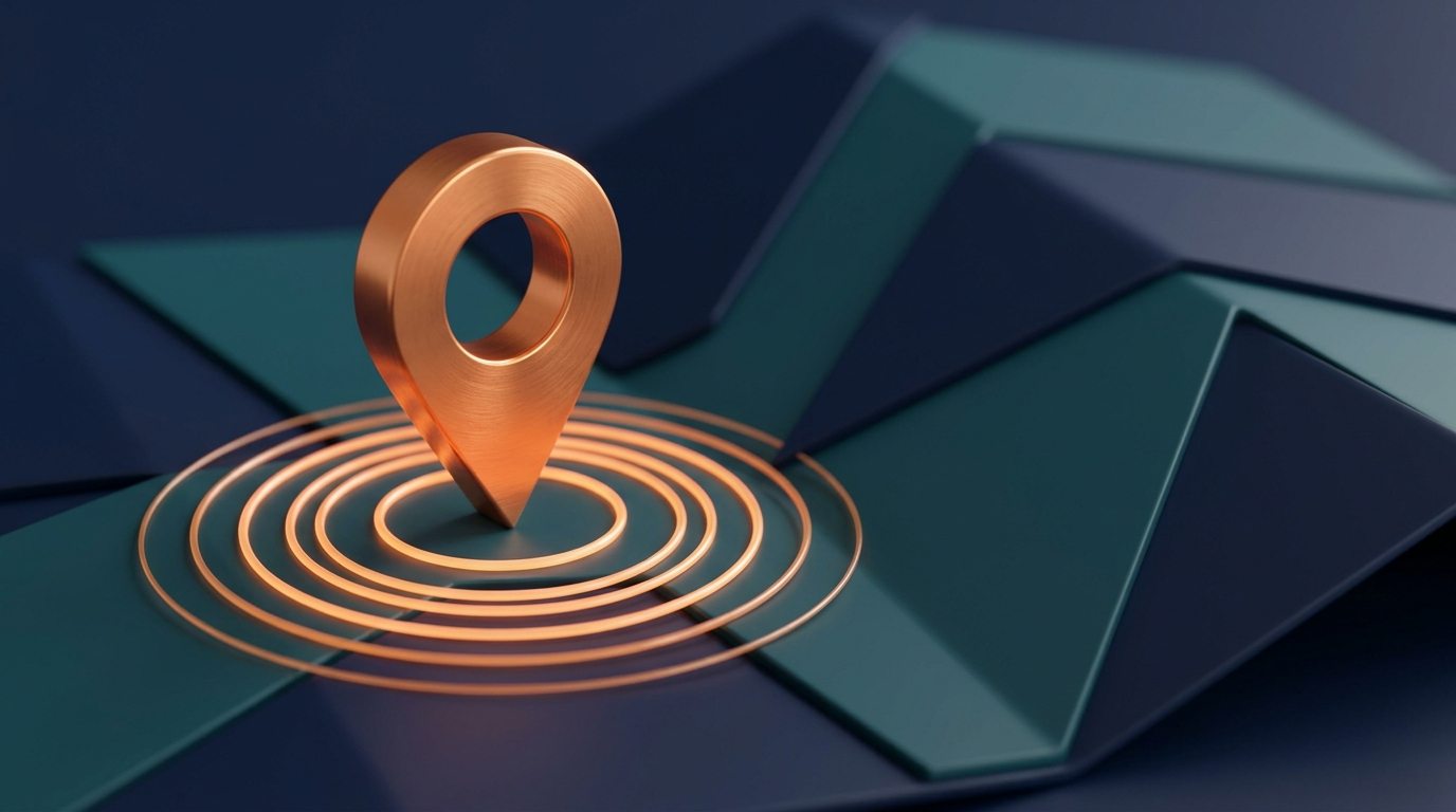 Abstrakt 3D-illustration av en kartnål och sökvågor som symboliserar lokal sökning på kartan