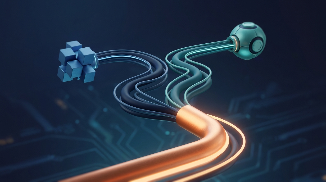 Abstract 3D illustration of two data flows weaving together into one, symbolizing integration between business systems