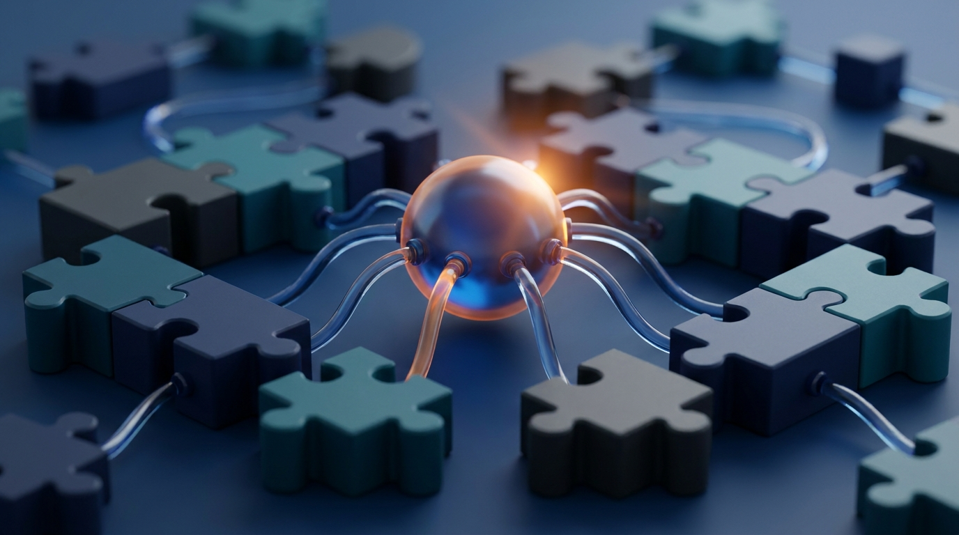 Abstract 3D illustration of a central hub connecting puzzle pieces, symbolizing an integration platform