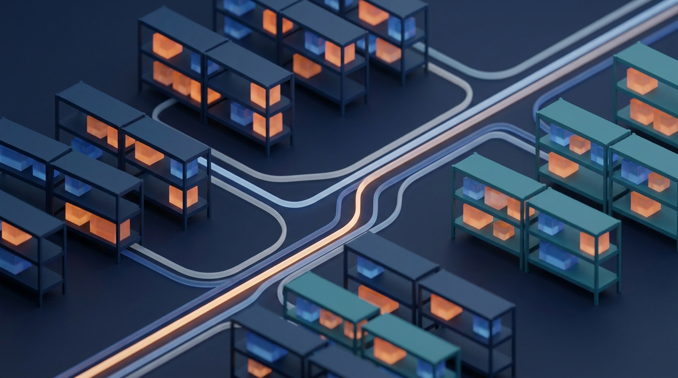 Abstract warehouse shelves with glowing warehouse cubes and logistics flows