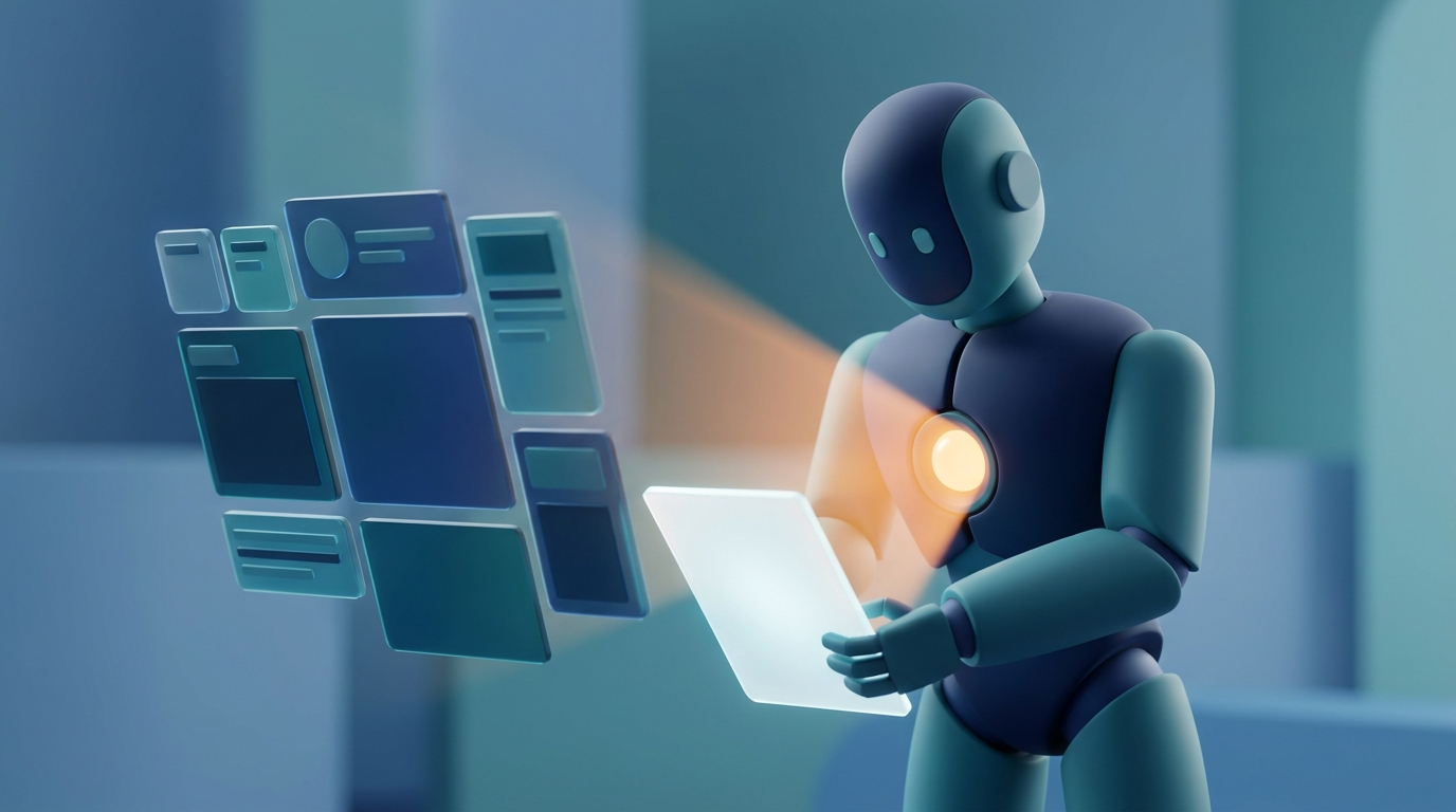 Abstrakt robot som läser strukturerad datafil, symbol för AI-synlighet