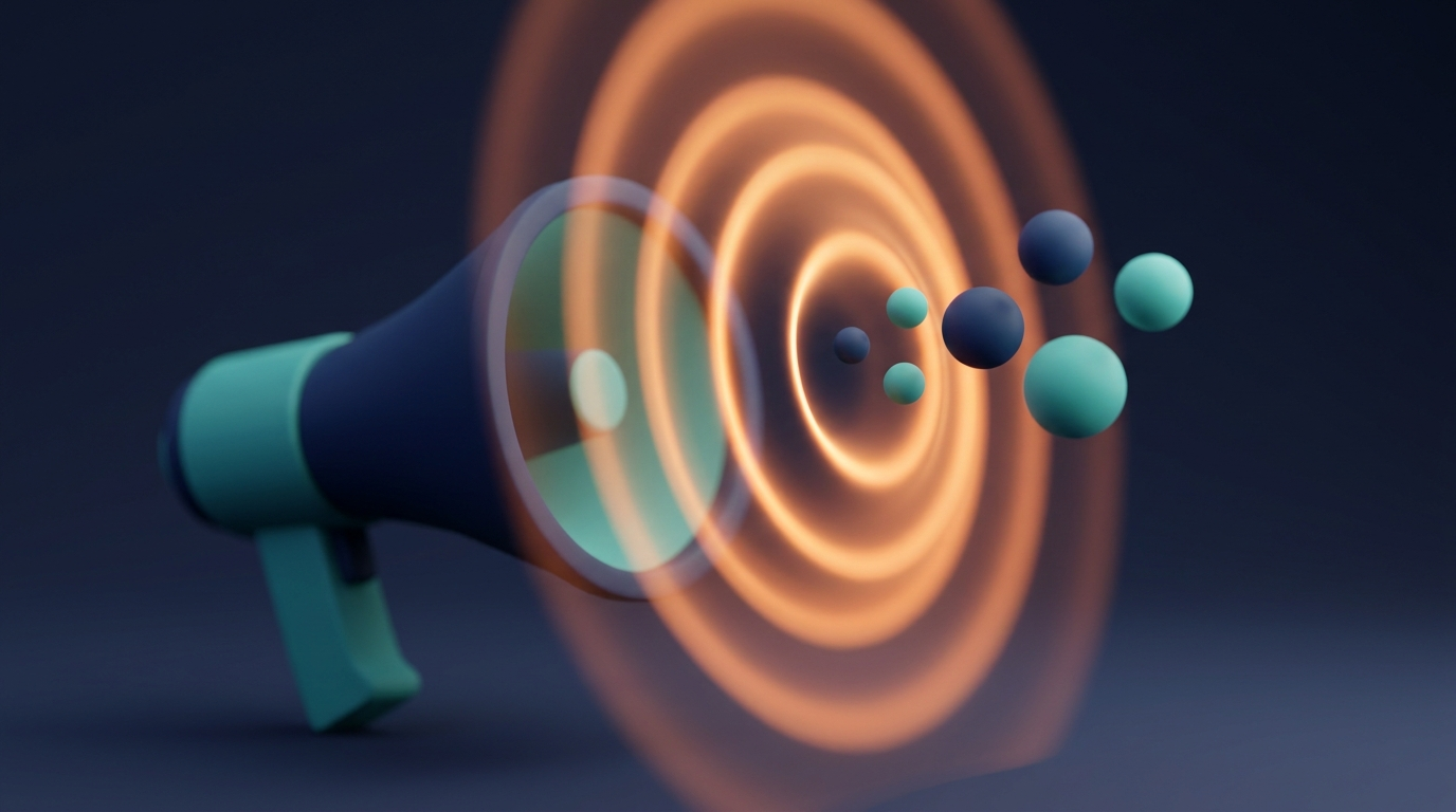 Abstract megaphone with waves against a target group of spheres