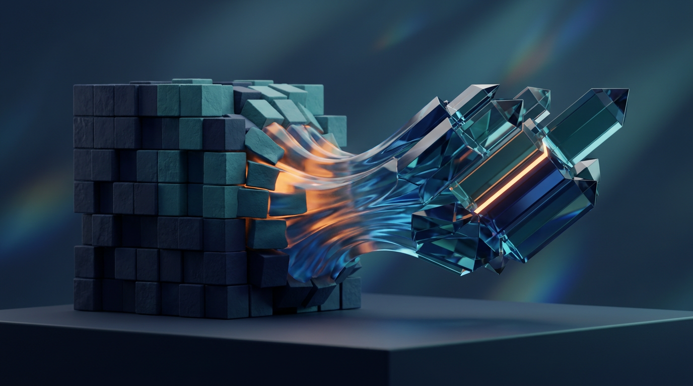 Abstract 3D illustration of an old cube structure transforming into a modern shape, symbolizing modernization of IT systems