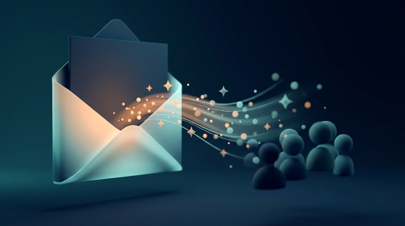 Abstract 3D illustration of an opened envelope with light particles symbolizing newsletter being opened