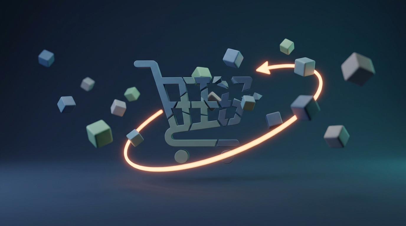 Abstract 3D illustration of abandoned shopping cart and recycled purchases