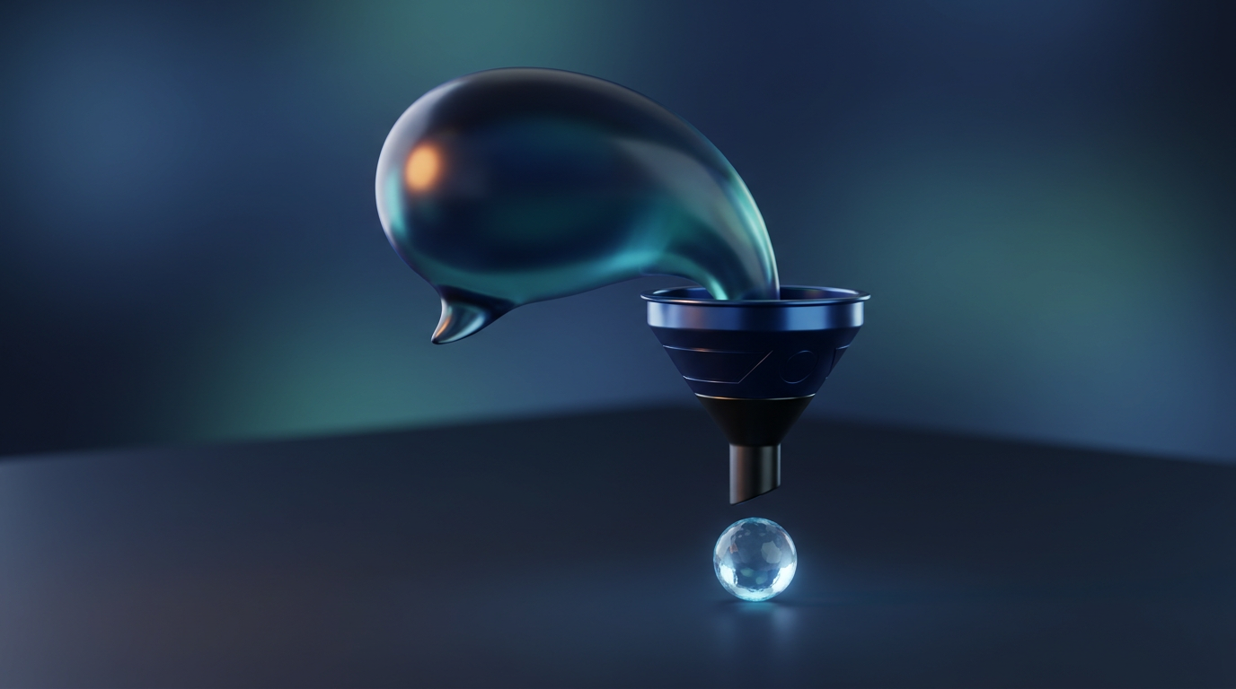 Abstract illustration of a speech bubble leading through a funnel to a clear crystal ball