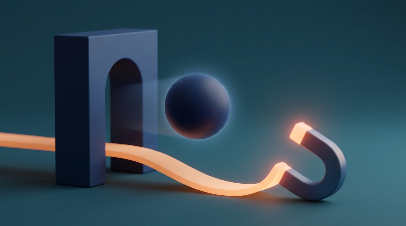Abstract 3D illustration of a visitor being led back by a glowing path, symbolizing retargeting