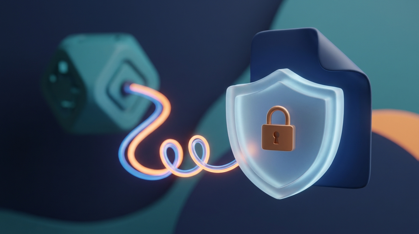 Abstract 3D illustration of a file protected in a shield with a padlock, symbol of secure file sharing