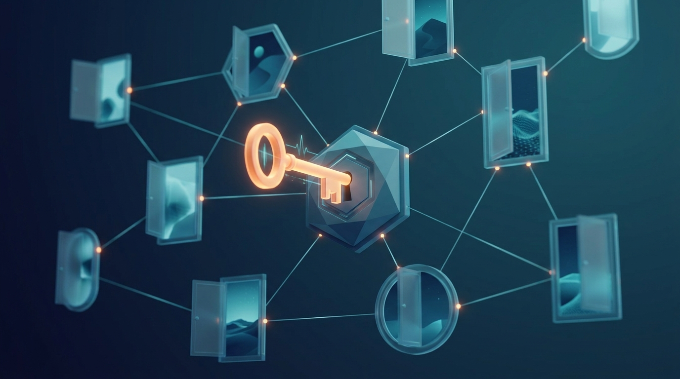 Abstract key unlocking multiple interconnected portals, symbol of one login to everything