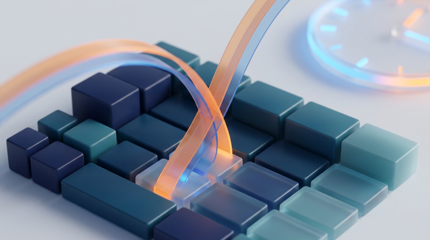 Abstract illustration of a spreadsheet with cells flowing upwards to a light strip next to a clock