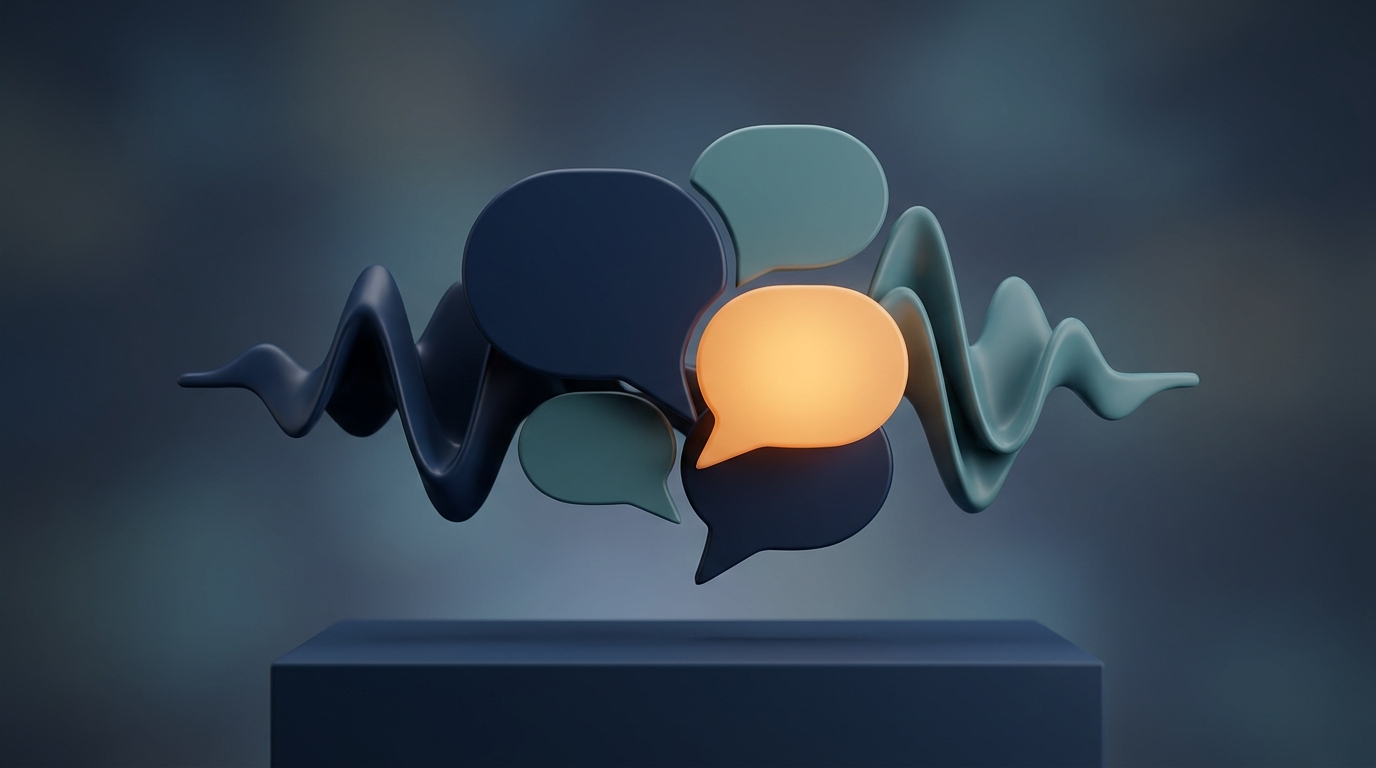 Abstract 3D illustration of speech bubbles and sound waves reflecting consistent tonality and voice