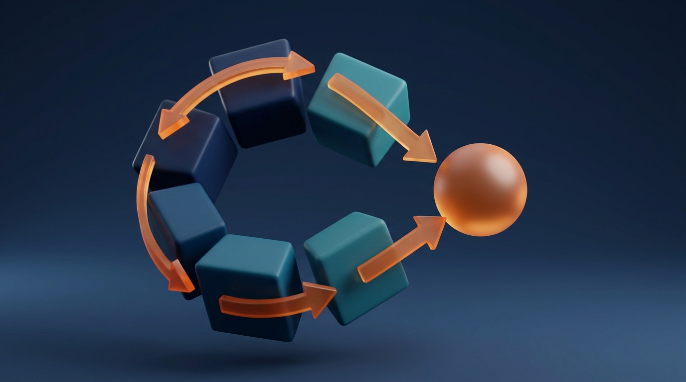 Abstract sequence of five interconnected steps in a fast iterative process, symbol of a design sprint