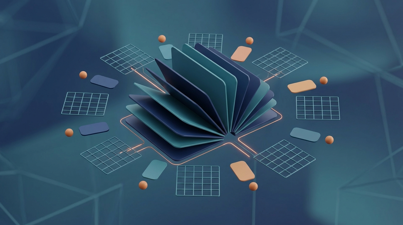 Abstract 3D illustration of a structured manual with color swatches and grid, symbol of a trademark manual.
