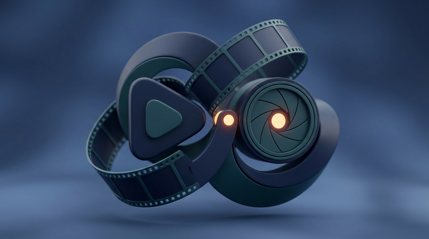 Abstract 3D illustration of a play button and filmstrip symbolizing video marketing