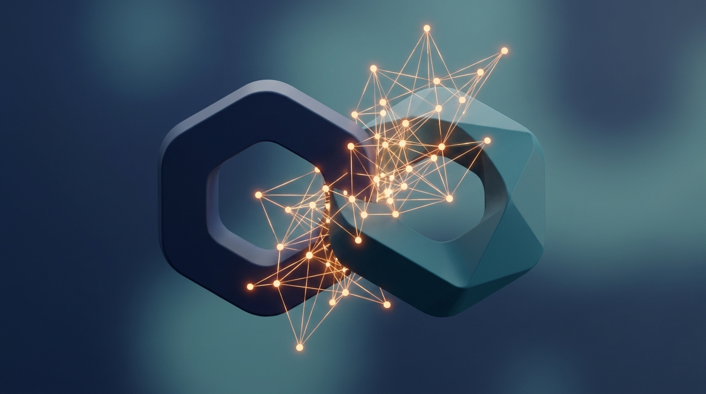 Abstract shapes that meet in a handshake with a growing network, symbol of choosing the right digital partner