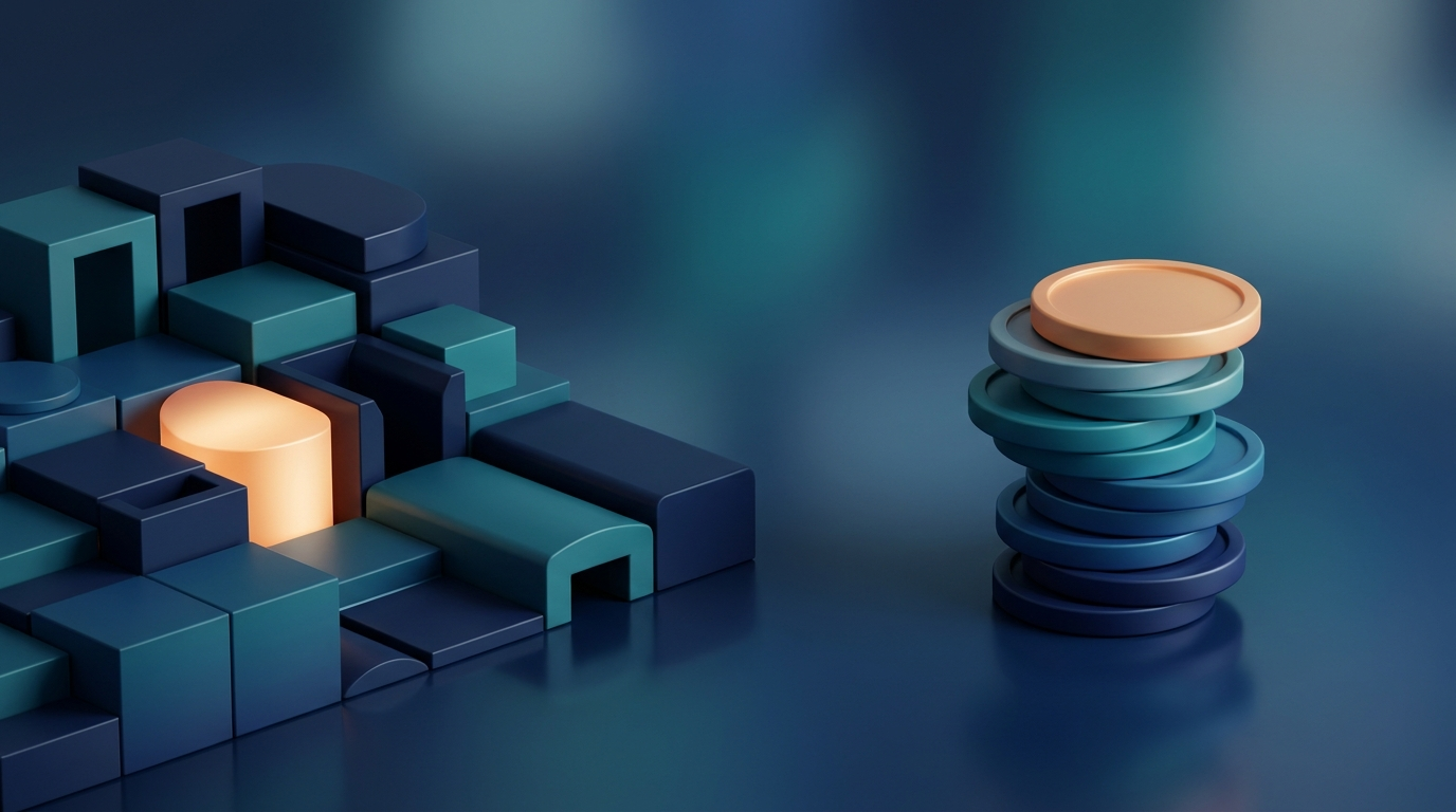 Abstract modular building blocks next to stacked coins, symbol of web agency services and cost