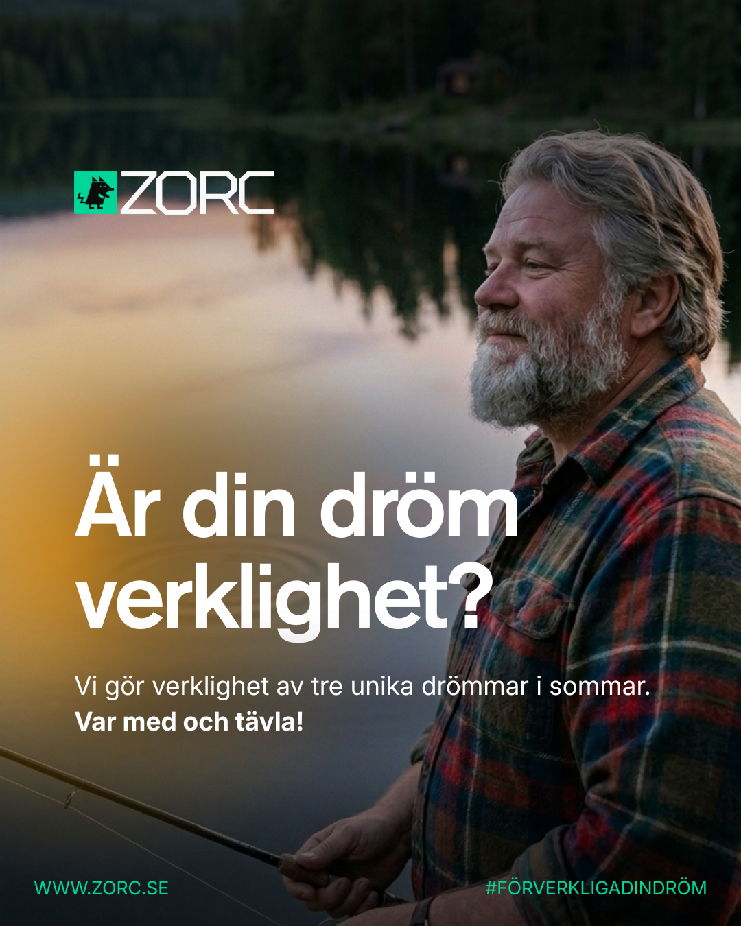 Person fiskar i en spegelblank sjö i solnedgången