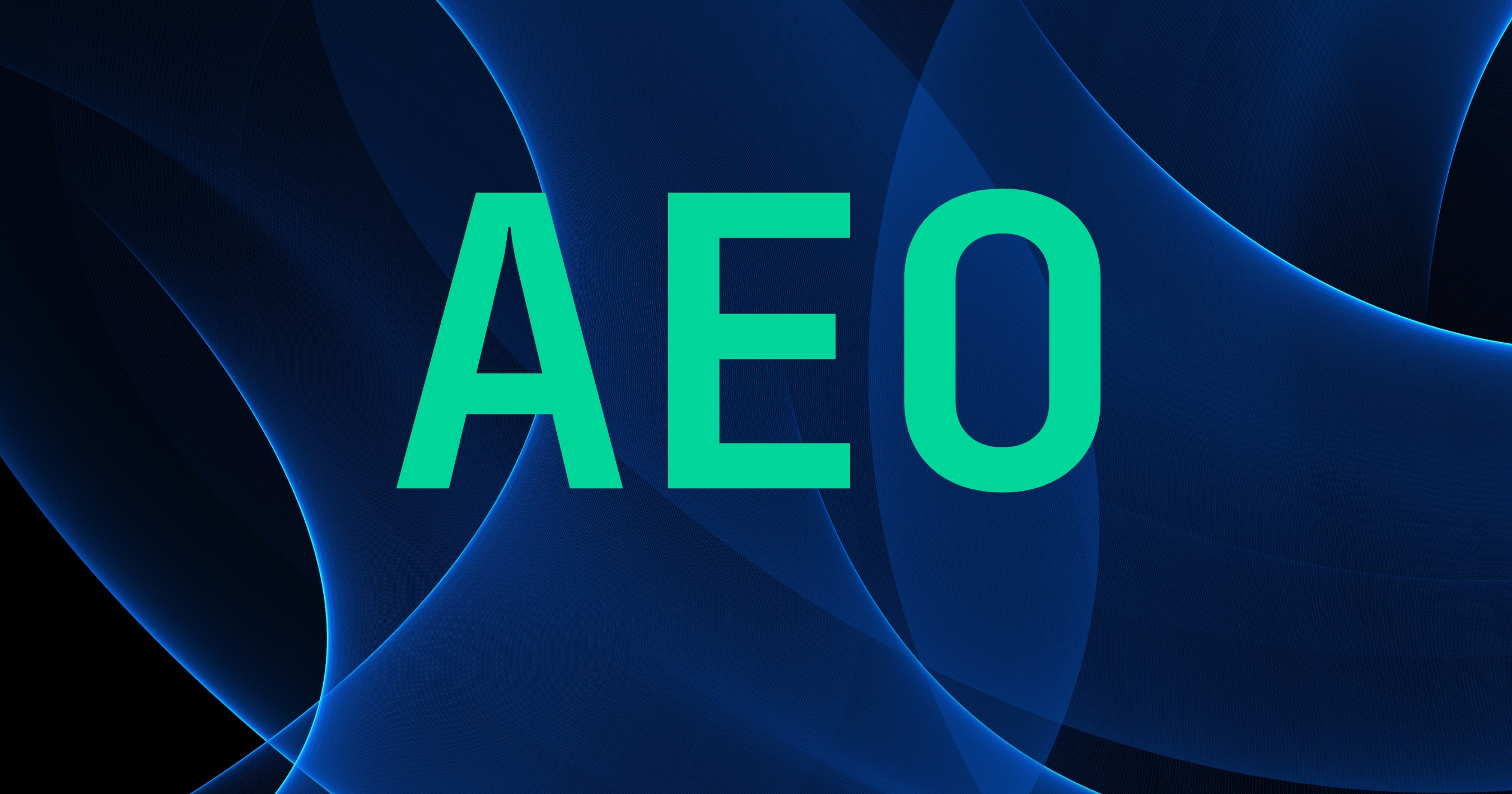 Abstrakt design med texten AEO, relaterad till AI, webbutveckling och ZORC