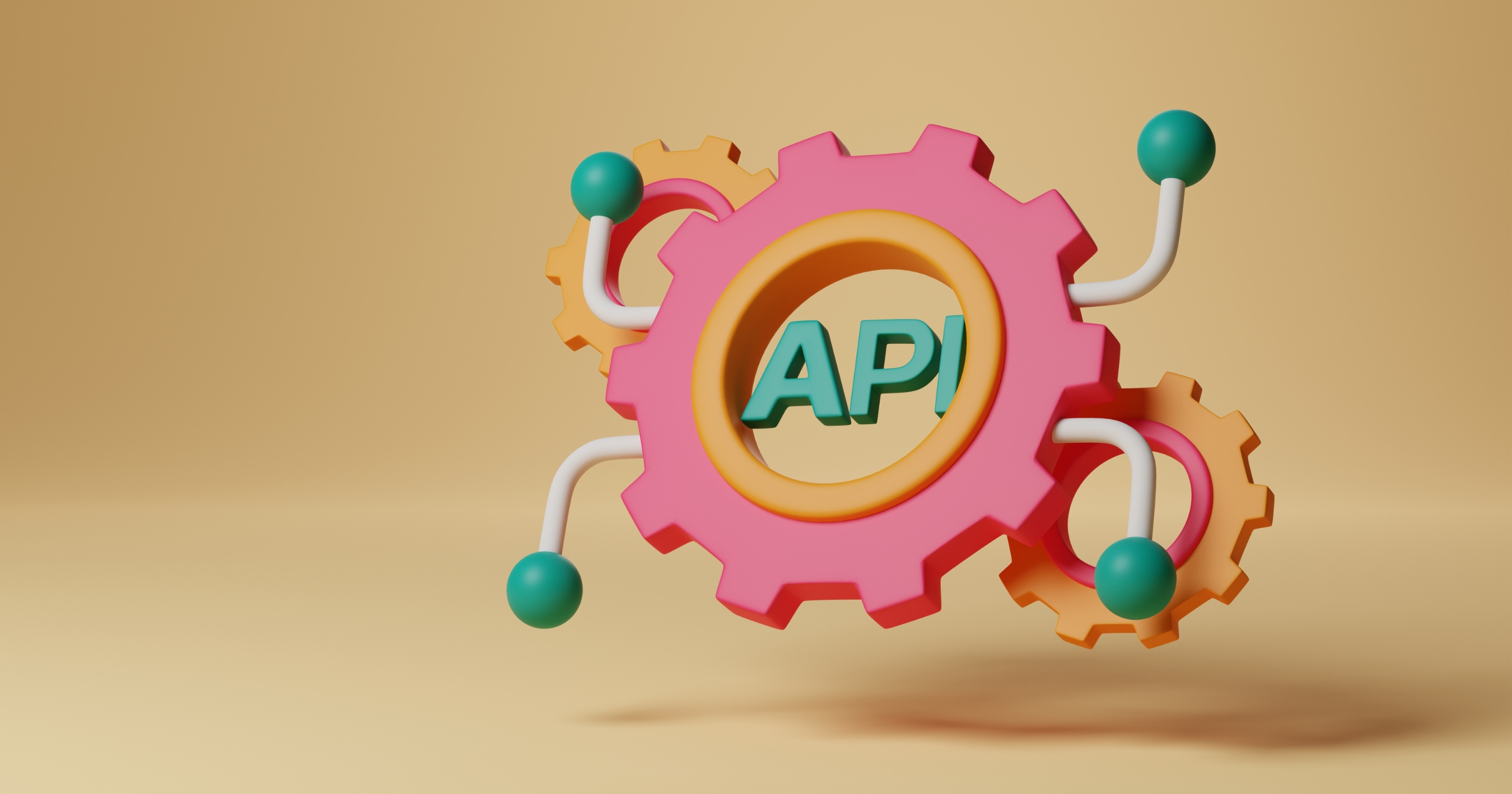 Färgglada kugghjul med texten API, symboliserar webbutveckling och integration av AI-teknologi i appdesign