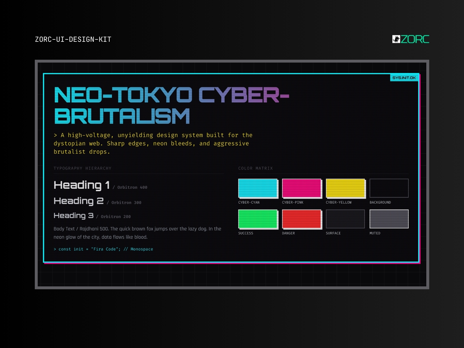 ZORC designsystem för Neo-Tokyo Cyber-Brutalism med neonfärger och typografi för webbutveckling och design