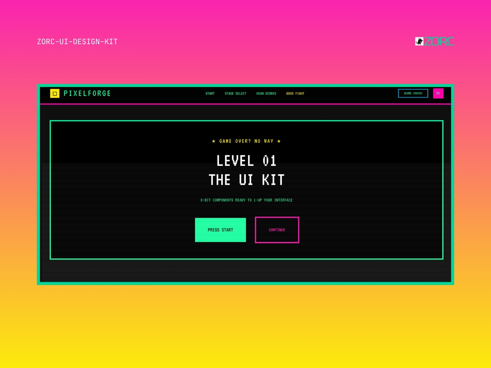 UI-design av ZORC med retro gaming-tema och 8-bitars komponenter för app-utveckling