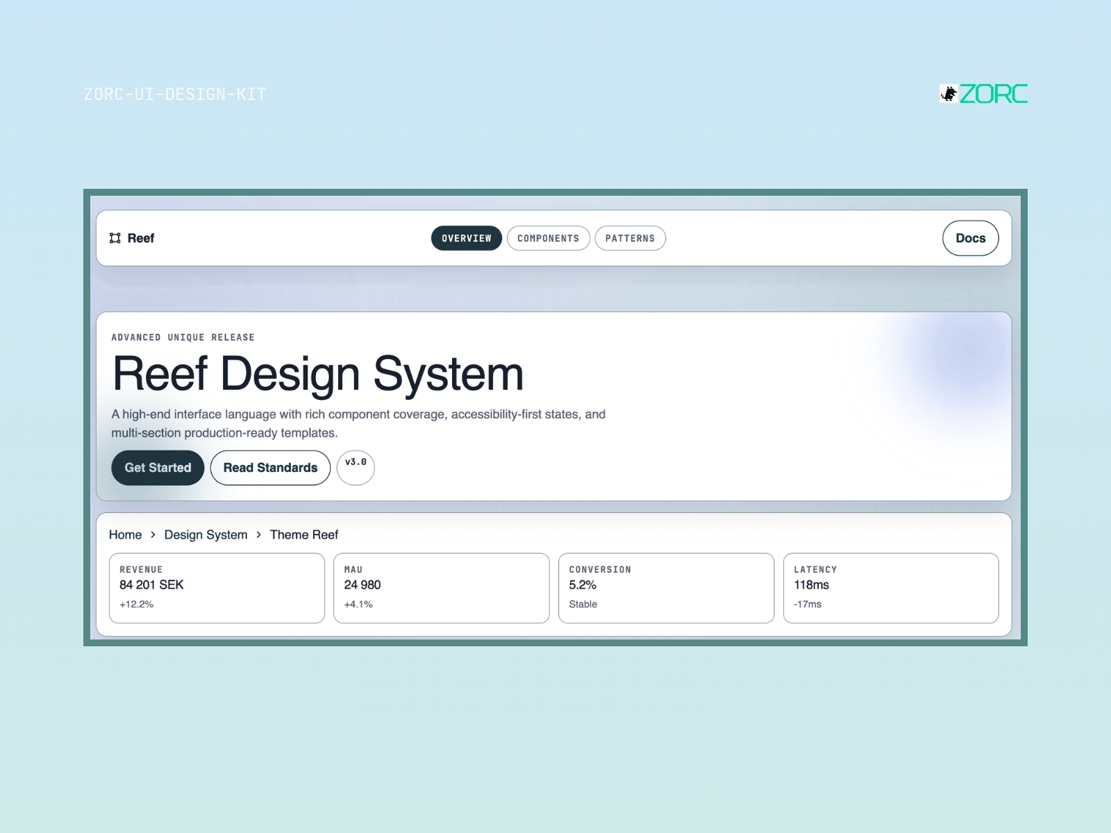 Reef Design System visar avancerade mallar för webbutveckling och design med fokus på komponenter och tillgänglighet i ZORC