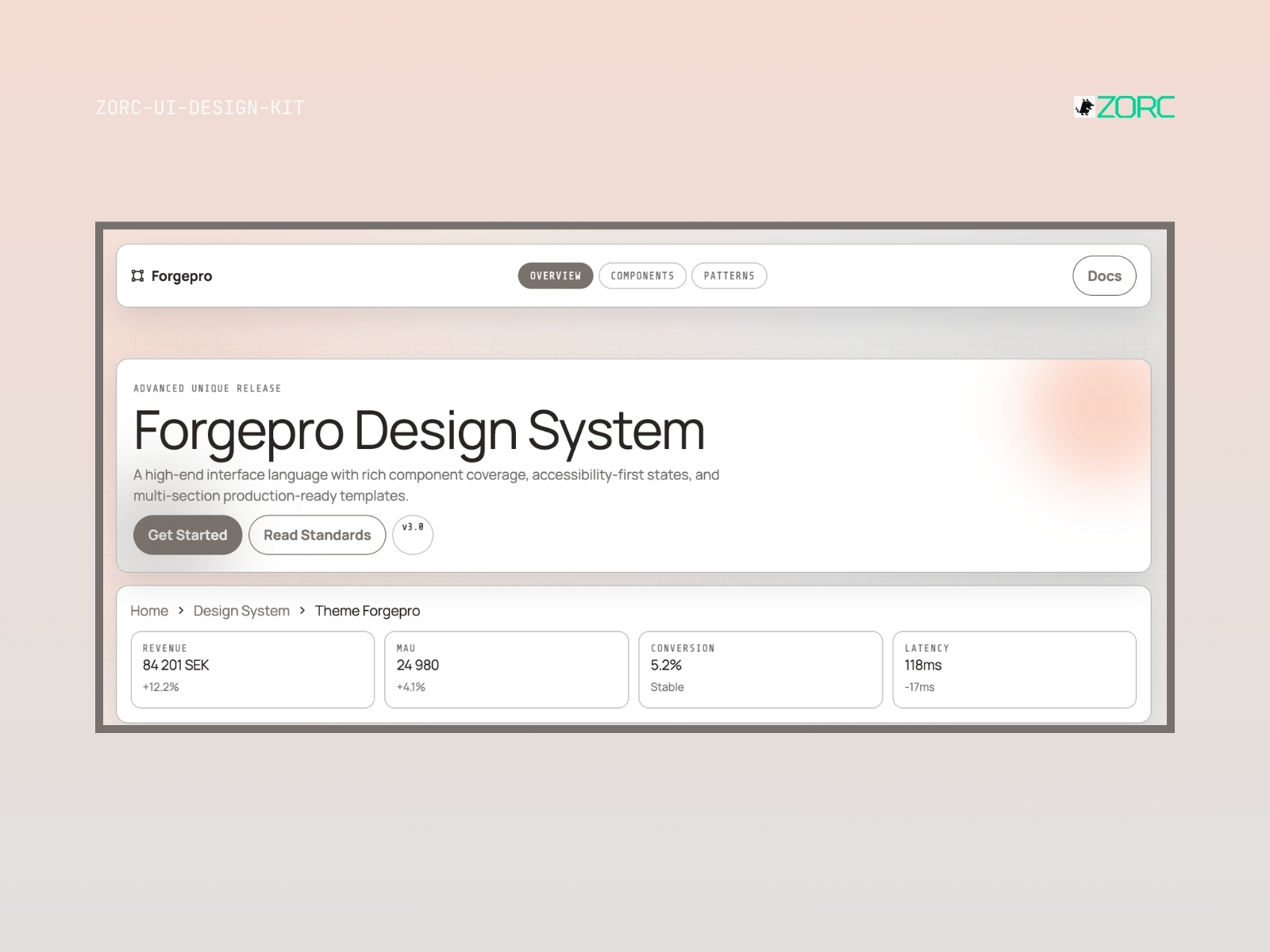 Forgepro Design System från ZORC med statistik och beskrivning av användarvänlighet och designkomponenter