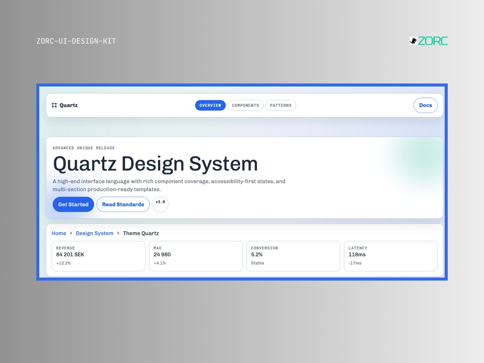 Quartz Design System från ZORC med statistik och funktioner för webbutveckling och design