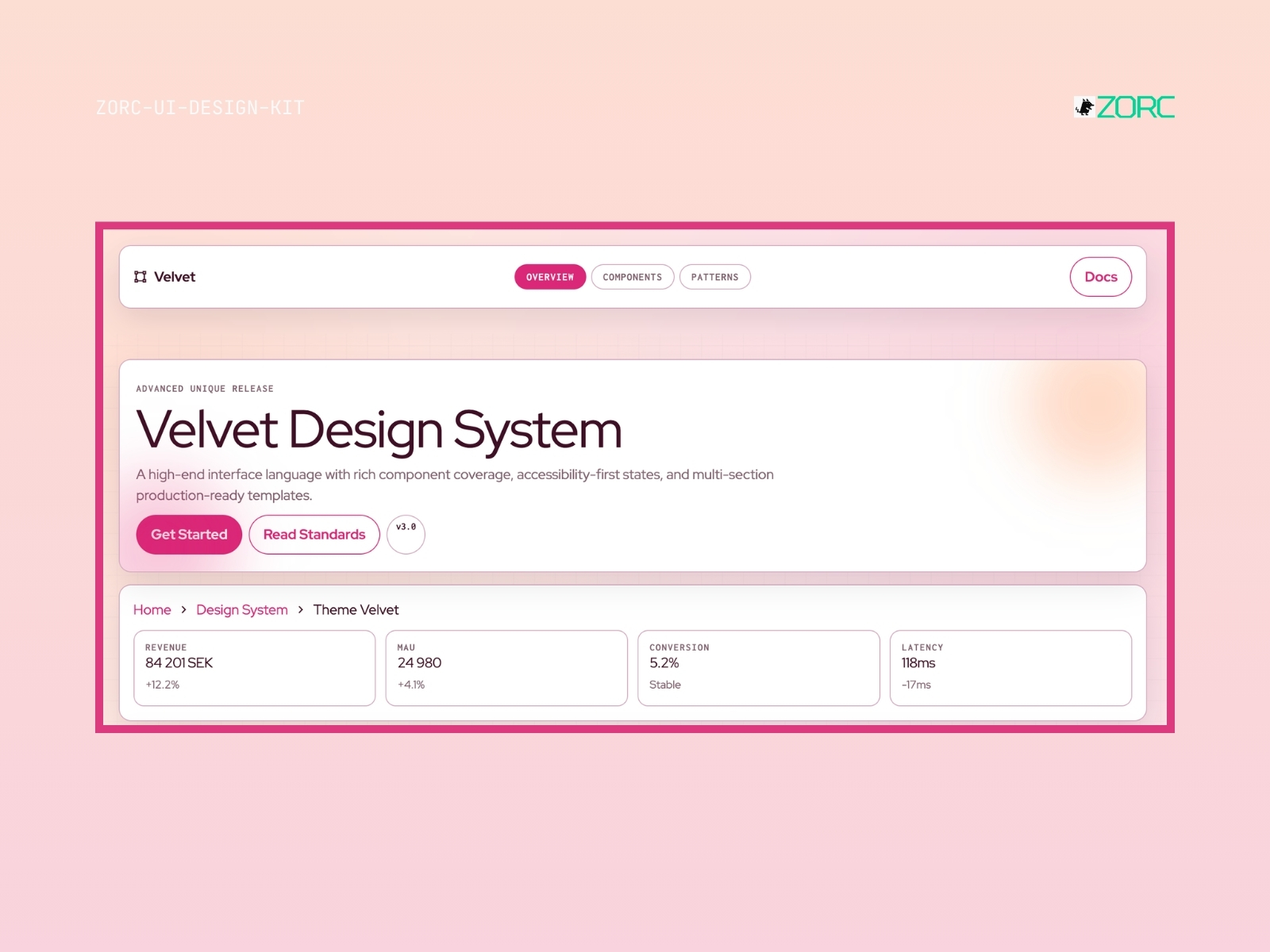 Velvet Design System för webbutveckling med komponenter, tillgänglighetsstandarder och produktionstemplater från ZORC