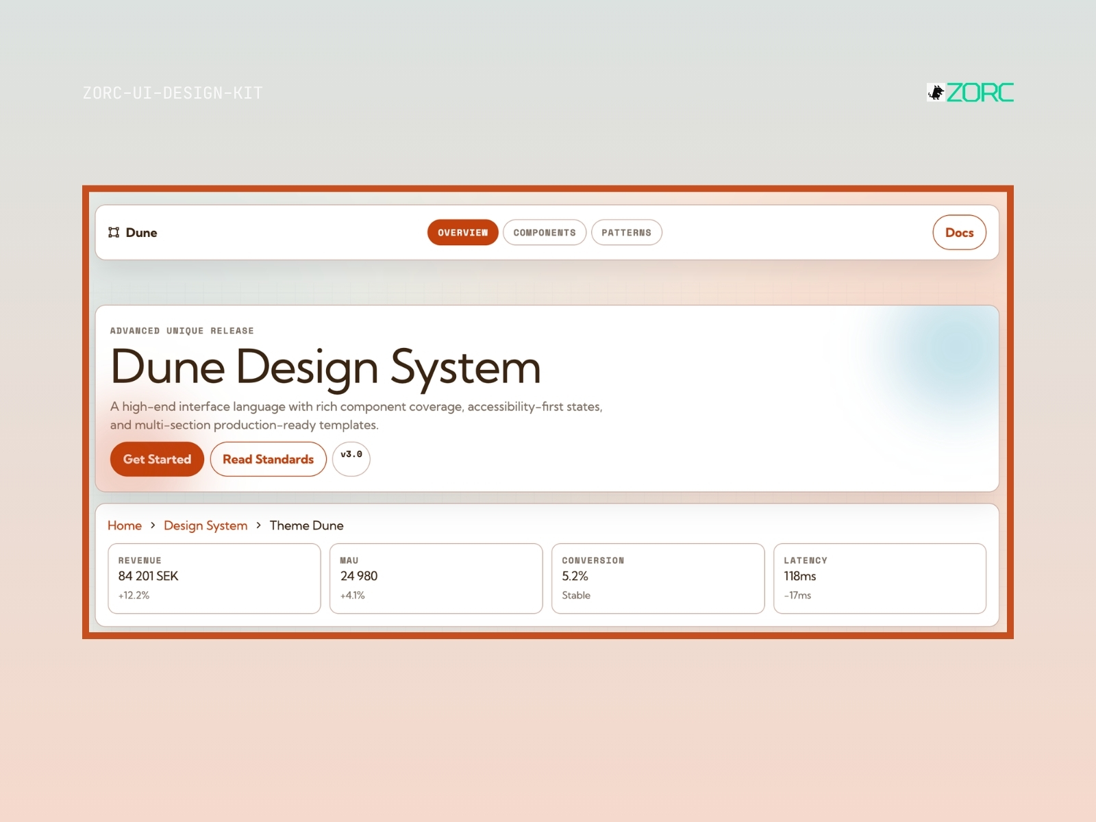 Dune Design System från ZORC med komponenter, statistik och mallar för webbutveckling och design