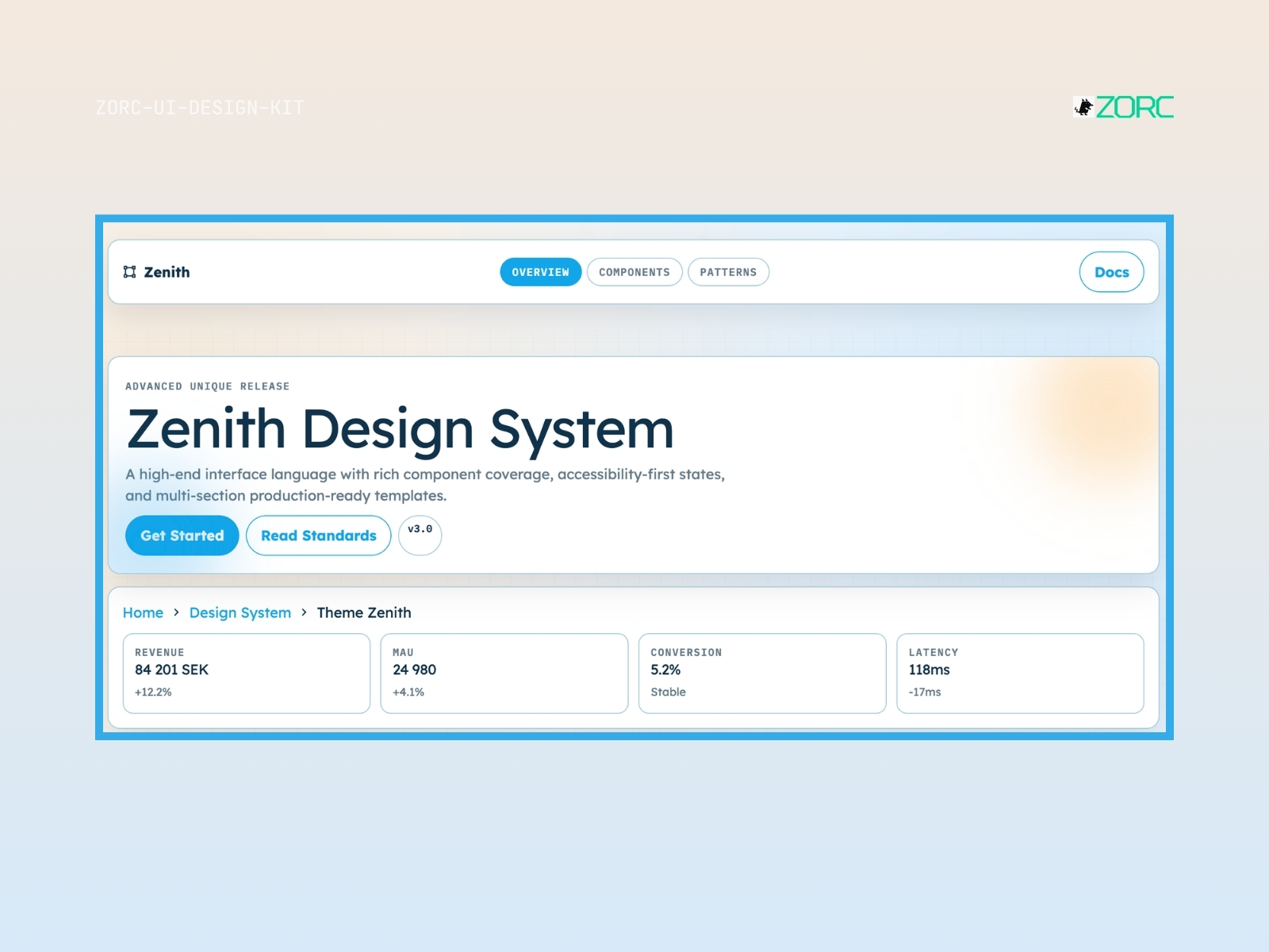 Zenith Design System erbjuder en avancerad användargränssnittslösning med komponenter och produktion-klara mallar för webbutveckling och design inom ZORC