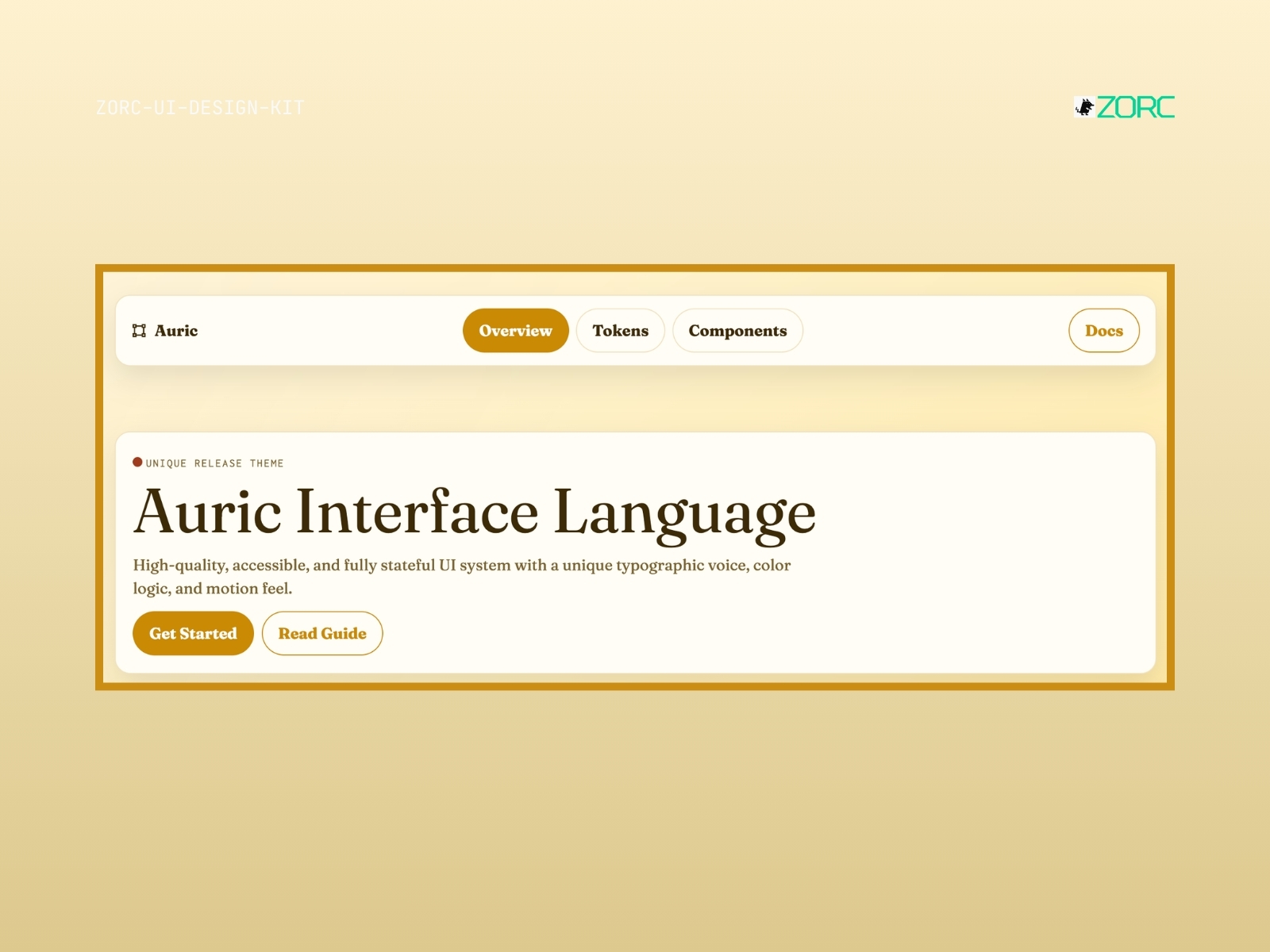 Auric Interface Language visar en modern UI-design med knappar och texter fokuserade på webbutveckling och design hos ZORC
