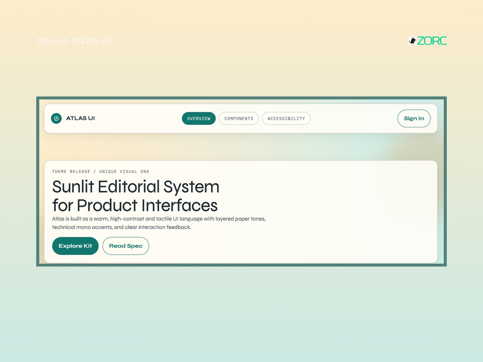 UI-design för Sunlit Editorial System, en del av ZORC:s designkit för webbutveckling med fokus på högkontrast och användarvänlighet