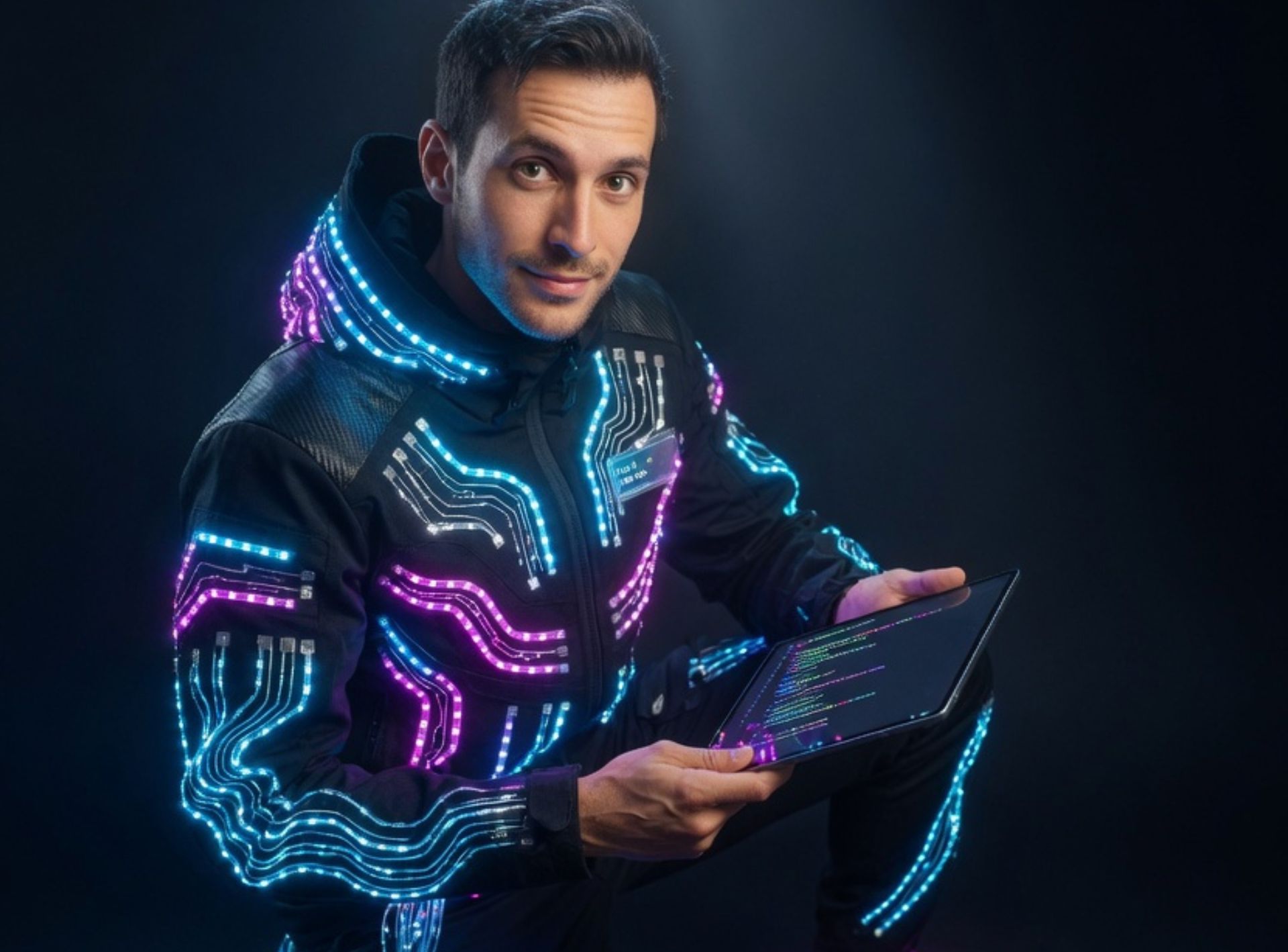 En man i en futuristisk jacka med LED-lampor håller en surfplatta, relaterat till apputveckling och AI-design