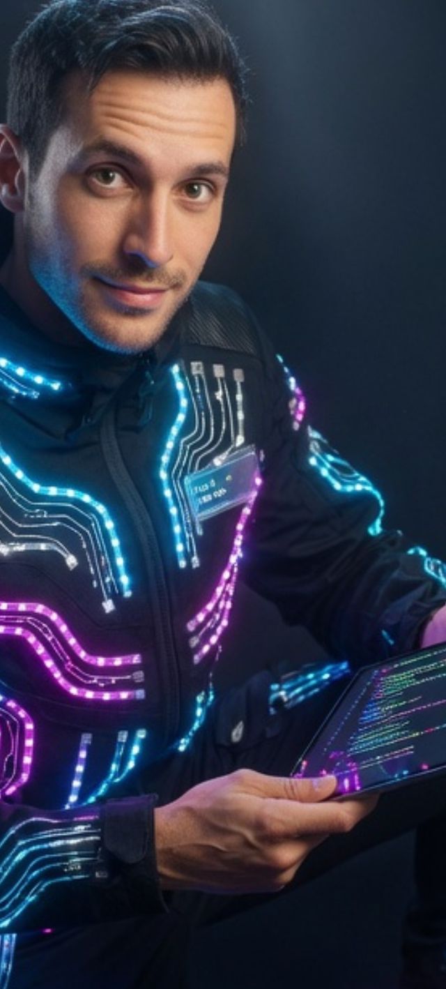 En man i en futuristisk jacka med LED-lampor håller en surfplatta, relaterat till apputveckling och AI-design