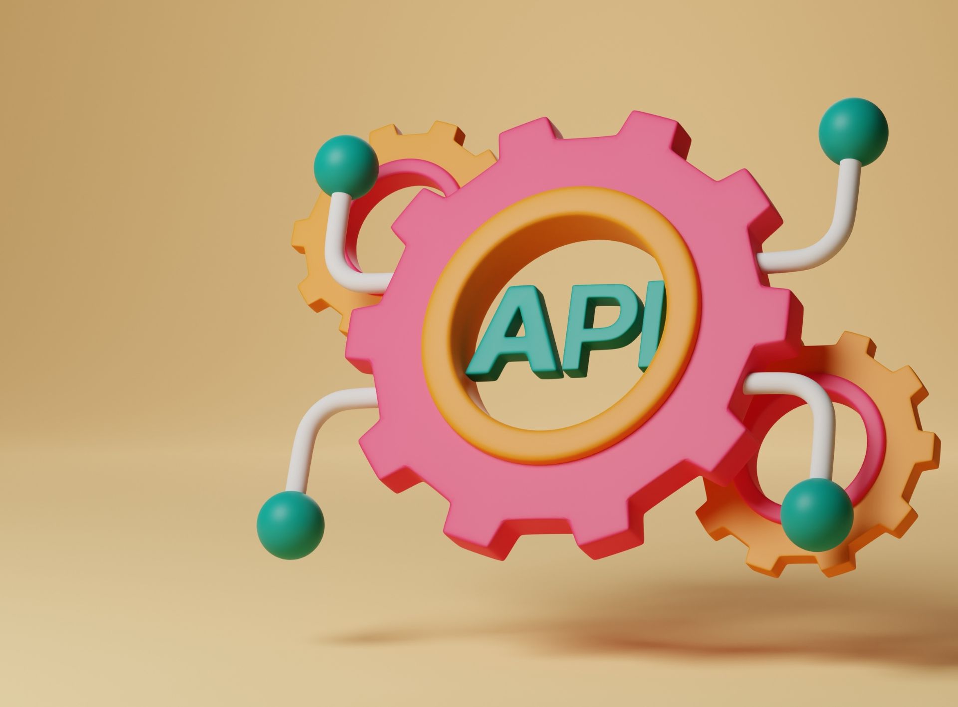 Färgglada kugghjul med texten API, symboliserar webbutveckling och integration av AI-teknologi i appdesign