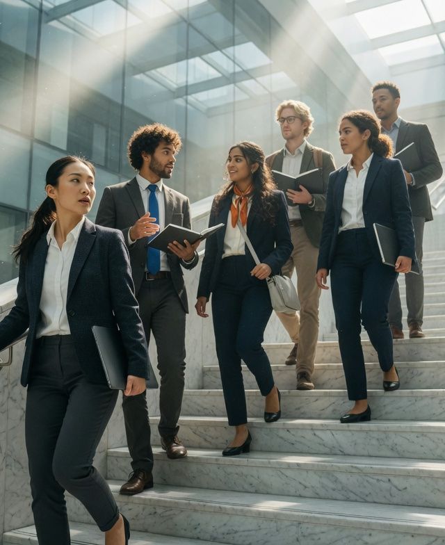 Grupp av professionella individer klädda i kostymer som går ner för trappor i en modern kontorsmiljö, diskussioner om design och affärsstrategier pågår