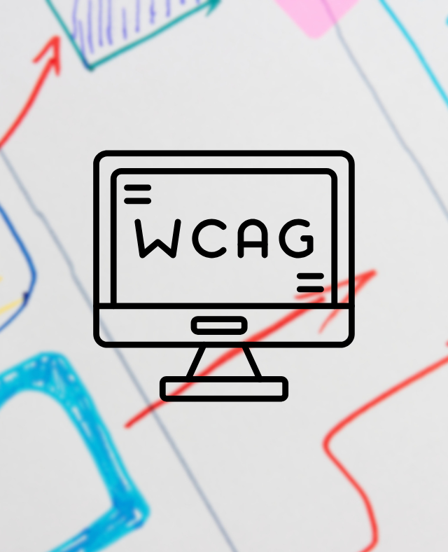 En svart ikon av en datorskärm med texten WCAG, placerad i förgrunden av handritade skisser och wireframes för webbgränssnitt.